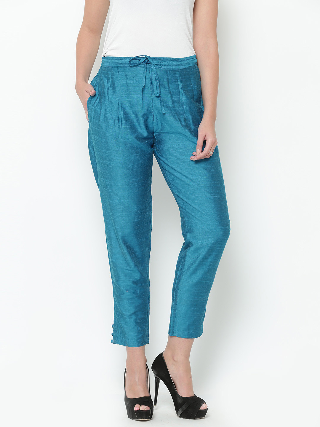 Buy Shree Women Turquoise Dupion Solid Trouser At Best Price in India ...