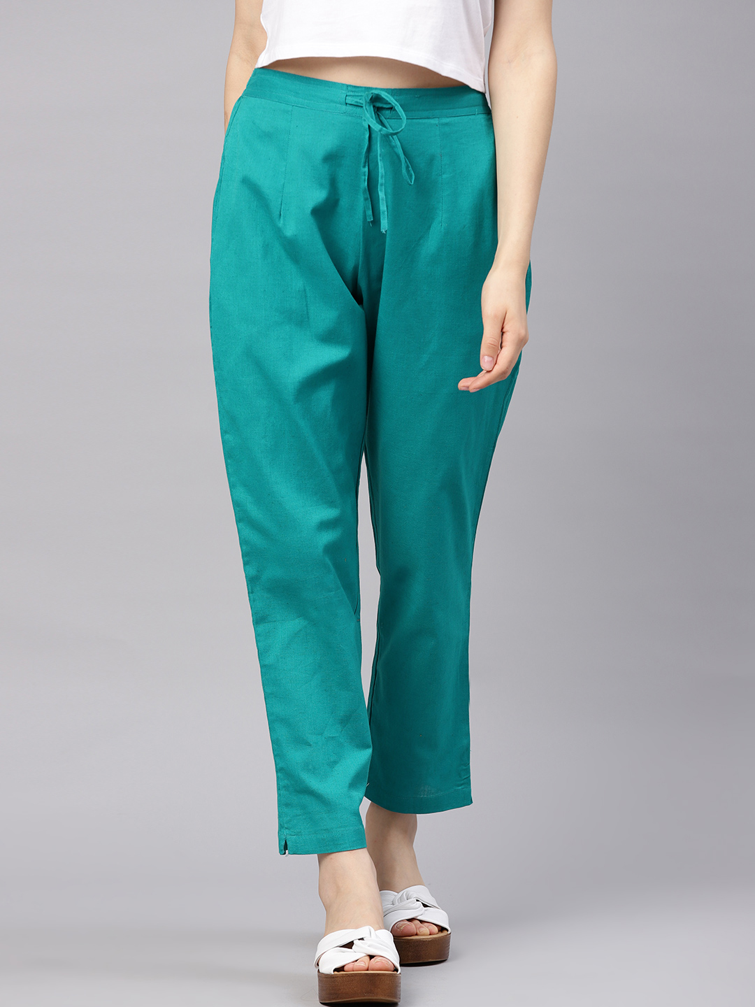 Buy Shree Women Teal Cotton Solid Summer Trouser At Best Price in India ...